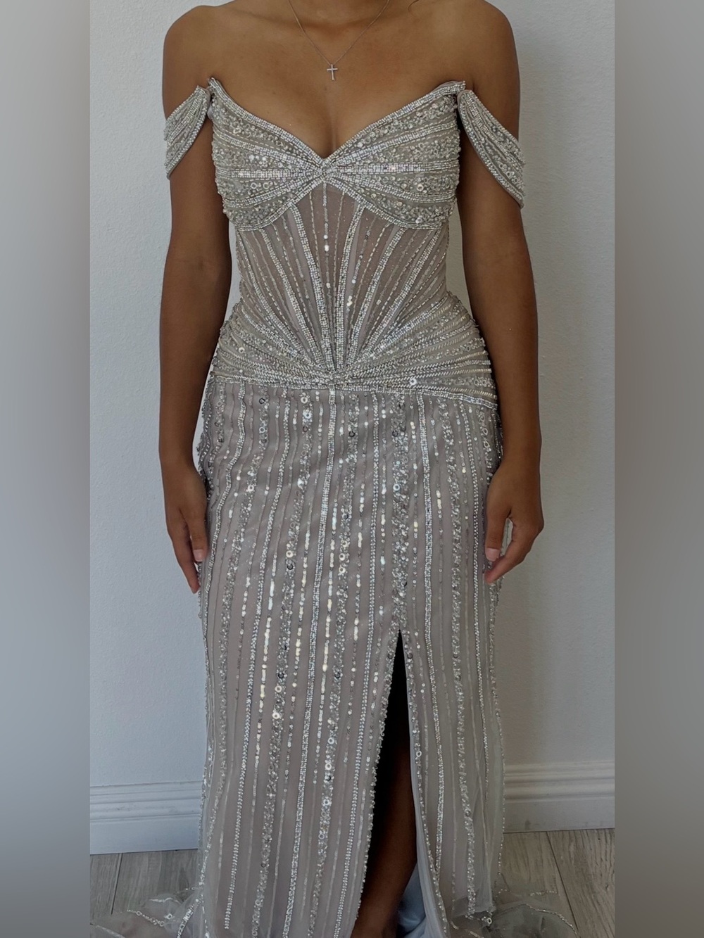 Full beaded silver prom dress